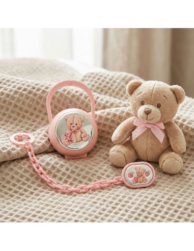 Set Spilla Porta Ciucciotto con Box Rosa con...