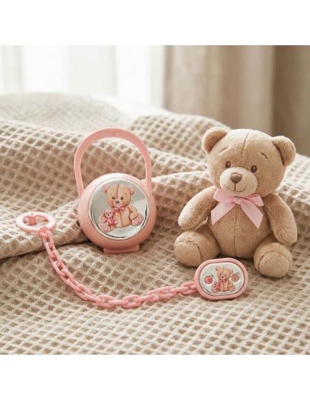 Set Spilla Porta Ciucciotto con Box Rosa con Orsetto Peluche