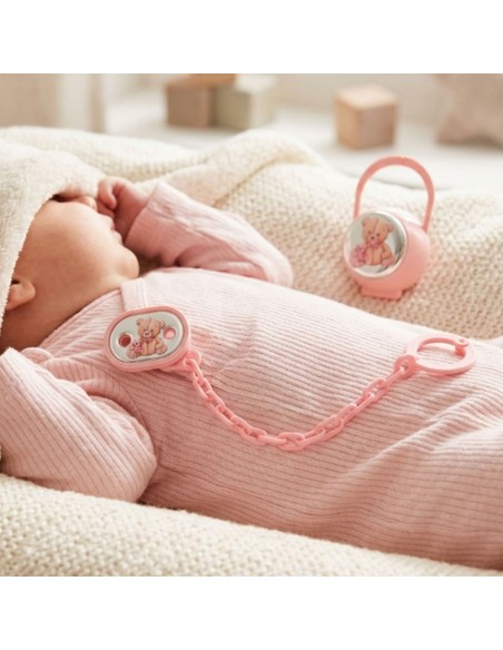 Set Spilla Porta Ciucciotto con Box Rosa con Orsetto Peluche
