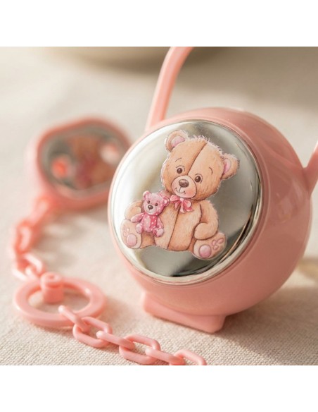 Set Spilla Porta Ciucciotto con Box Rosa con Orsetto Peluche