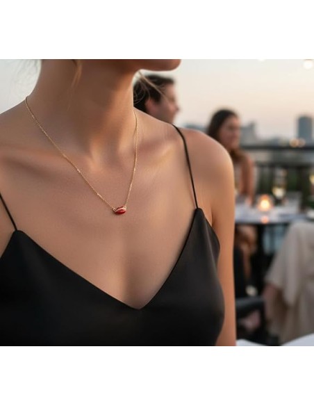 Gold Plated 925 Sterling Silver Red Lips Necklace 