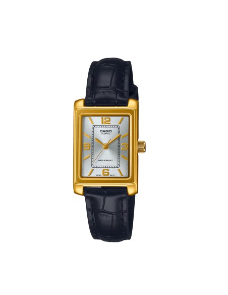 Casio Damen-Analogarmbanduhr mit goldfarbenem Gehäuse und schwarzem Echtlederarmband LTP-1234PGL-7A2EF