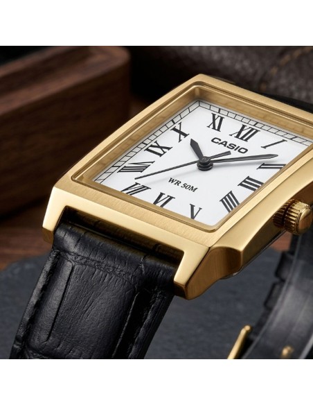 Casio Unisex-Analog-Armbanduhr Goldenem Gehäuse Schwarzem Echtlederarmband MTP-B190GL-7BVEF