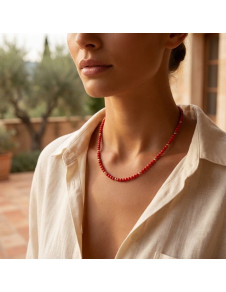 Red Coral Paste Necklace with Gold Plated Sterling Silver Spheres