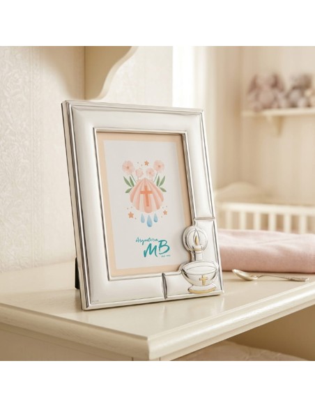 Customizable Silver Christening Picture Frame with Candle and Baptismal Font