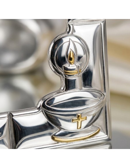 Customizable Silver Christening Picture Frame with Candle and Baptismal Font