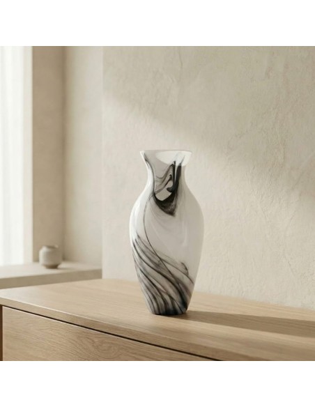 White Satin with Black Veins Murano Glass Amphora Vase