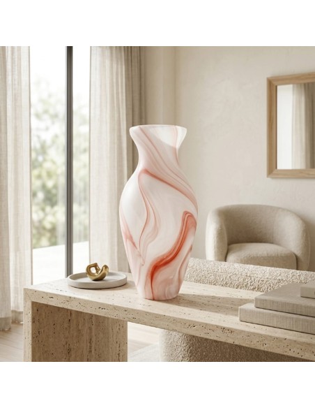 White Satin with Red Veins Murano Glass Amphora Vase
