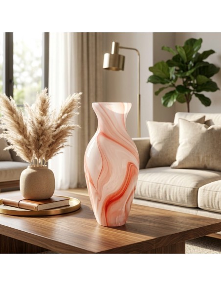 White Satin with Red Veins Murano Glass Amphora Vase