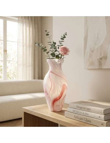 Vaso Anfora in Vetro di Murano Bianco Satinato con Venature Rosse