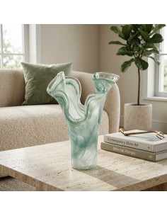 Green Spring Two Petals Blue Murano Glass Vase  2