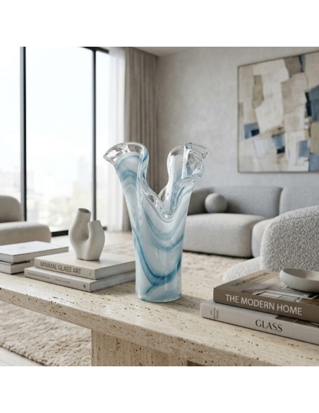 Two Petals Blue Murano Glass Vase 