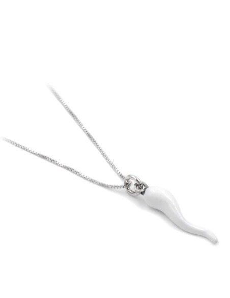 Sterling Silver Necklace with White Enamelled Lucky Horn Pendant 