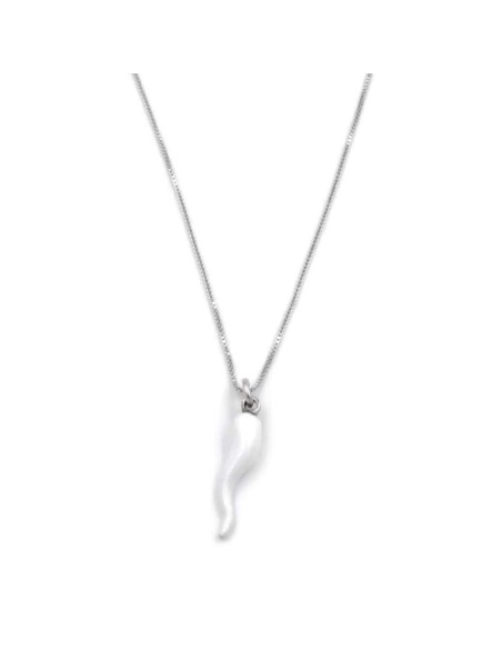 Sterling Silver Necklace with White Enamelled Lucky Horn Pendant 