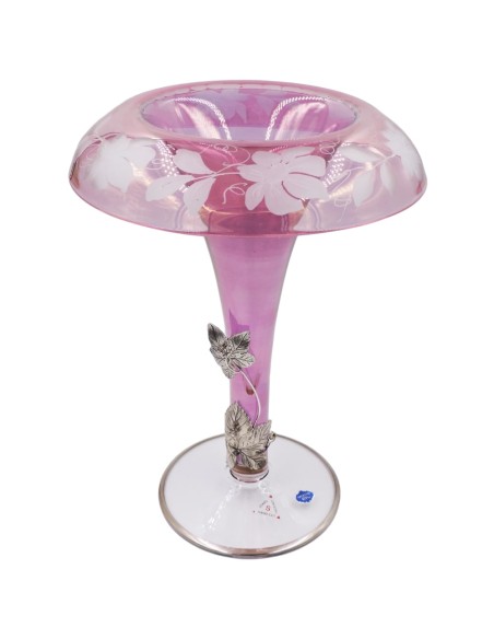 Vaso in Cristallo Rosa con Foglie di Vite in Argento