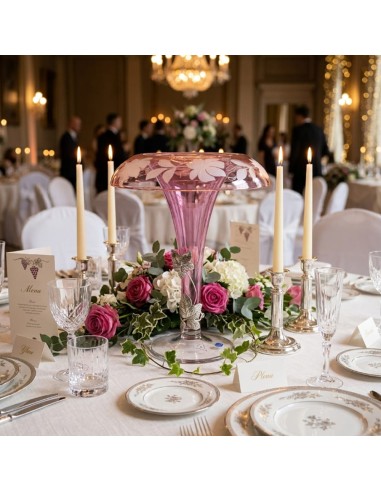 Pink Crystal Vase with Silver Vine Leaves