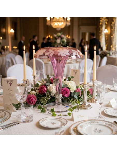 Pink Crystal Vase with Silver Vine Leaves