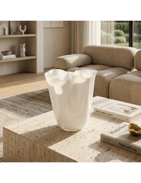 Wave Opal Vase in White Blown Glass H. 22 OL03183 ONLYLUX