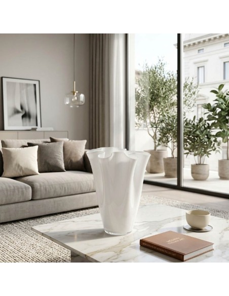 Opalvase Wave aus Weißem Mundgeblasenem Glas, Höhe 38 cm OL00227, ONLYLUX