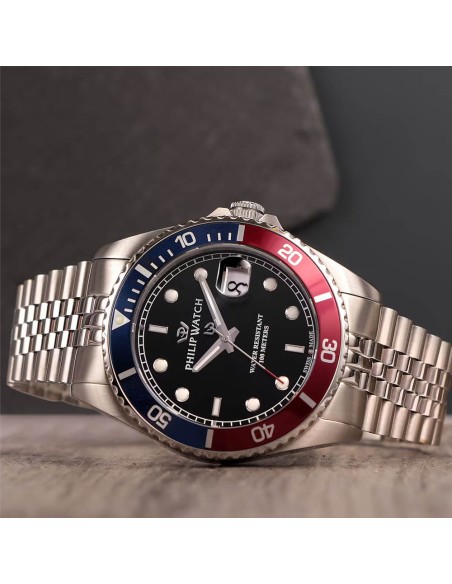 Philip Watch Caribe Sport Men's Wristwatch Blue and Red Bezel Black Dial R8253597088
