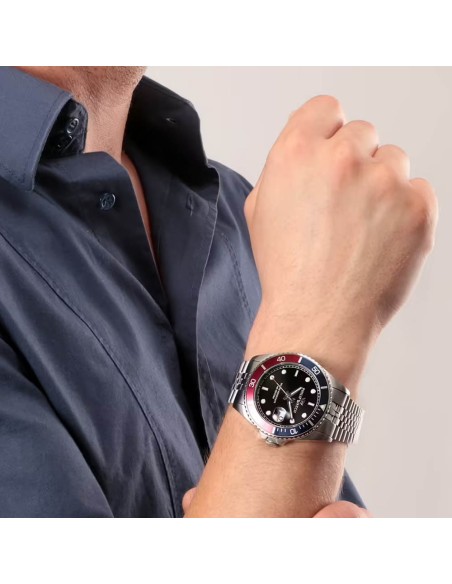 Philip Watch Caribe Sport Herrenarmbanduhr Blau-Rote Lünette Schwarzes Zifferblatt