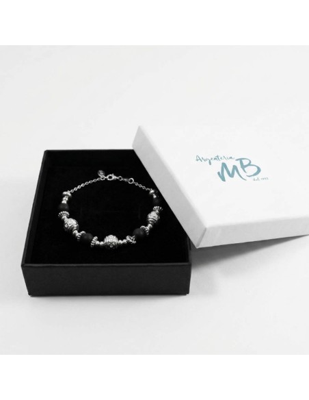 Bracciale Etnico in Argento 925 con Pietre Nere