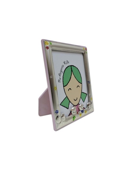 Cornice Portafoto Bimbi Rosa Orsetti e Fiori cm 9x13 in Argento 
