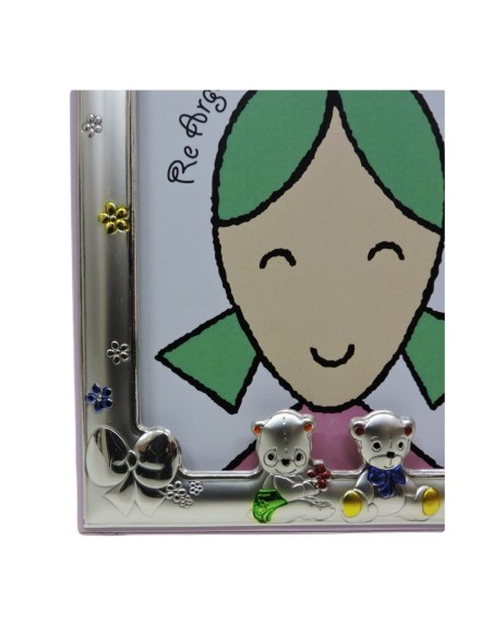 Cornice Portafoto Bimbi Rosa Orsetti e Fiori cm 9x13 in Argento 