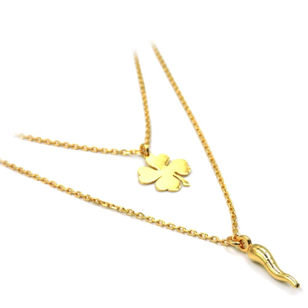 Double Chain Necklace Four Leaf Clover 