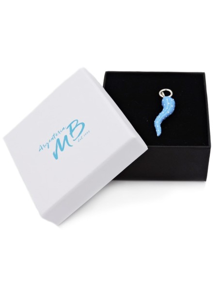 Ciondolo Corno Portafortuna Azzurro con Pois Bianchi in Argento 