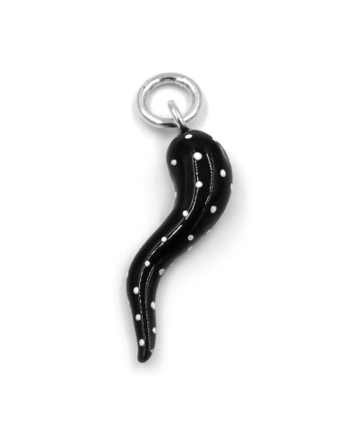 Corno Portafortuna Nero con Pois Bianchi in Argento 