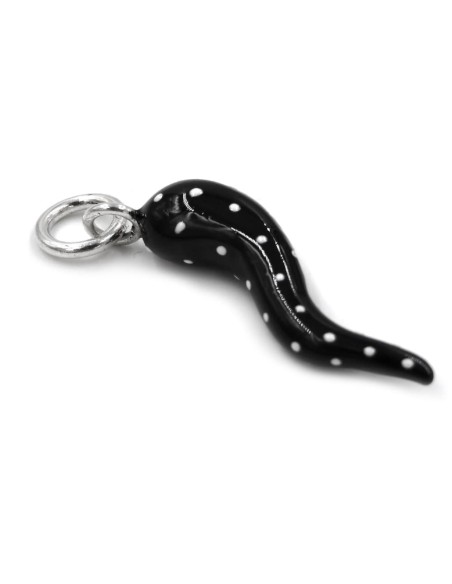 Black and White Polka Dots Sterling Silver Lucky Horn Pendant 