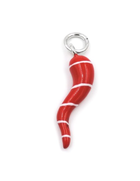 Red with White Stripes Sterling Silver Lucky Horn Pendant 