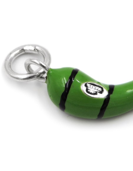 Ciondolo Corno Portafortuna Verde a Strisce Nere in Argento 