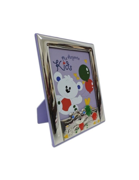 Cornice Portafoto Bimbi Viola Orsetto Palloncini cm 13x18 in Argento  