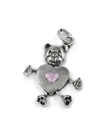 Ciondolo Orsetto Cuore in Argento con Smalto Rosa
